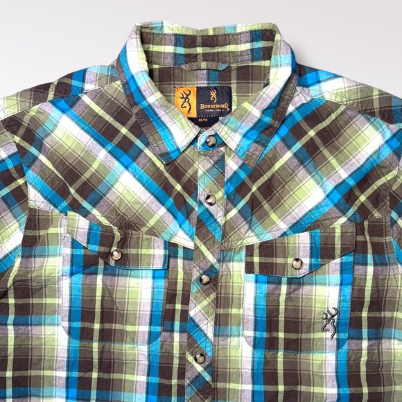 Browning Short Sleeve Western Plaid Shirt Green Blue Brown Snap Size Medium - Picture 2 of 7